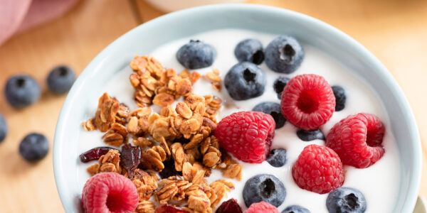 Breakfast cereal granola with berries and greek yogurt